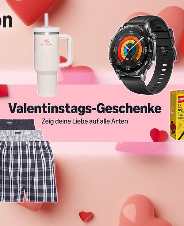 Darstellung verschiedener Valentinstags-Geschenkideen für Sie und Ihn bei Amazon auf Herzhintergrund