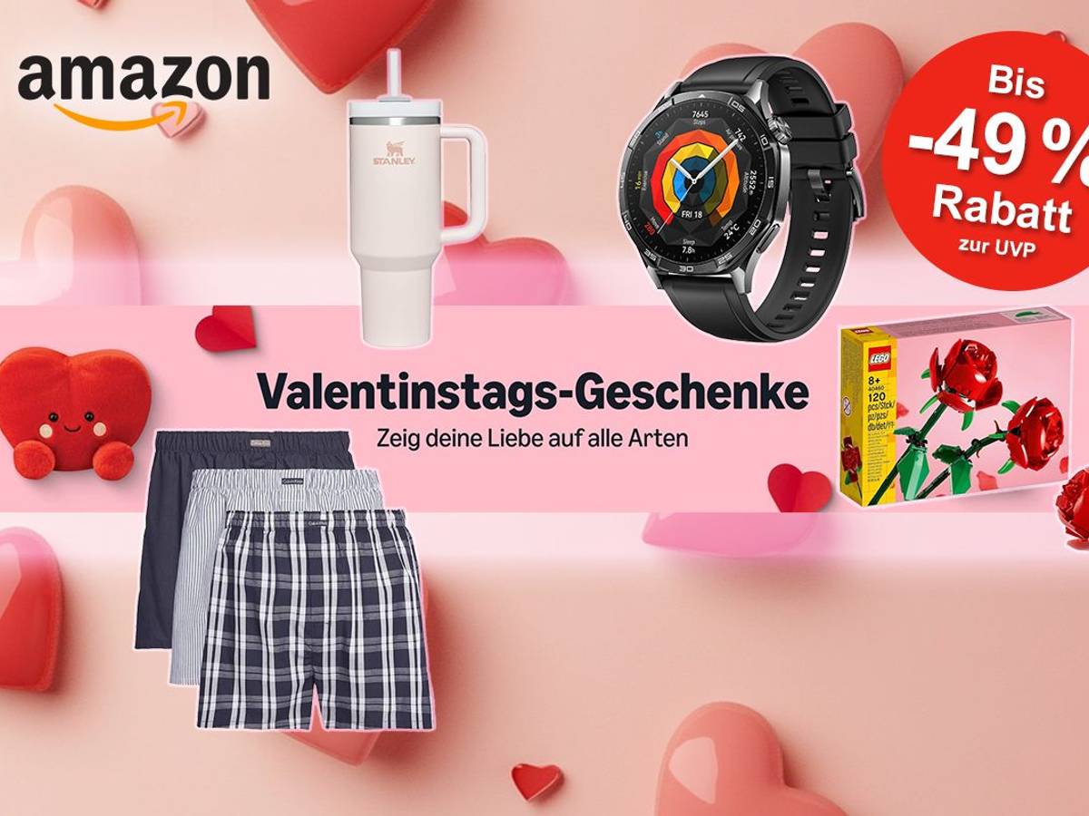 Darstellung verschiedener Valentinstags-Geschenkideen für Sie und Ihn bei Amazon auf Herzhintergrund
