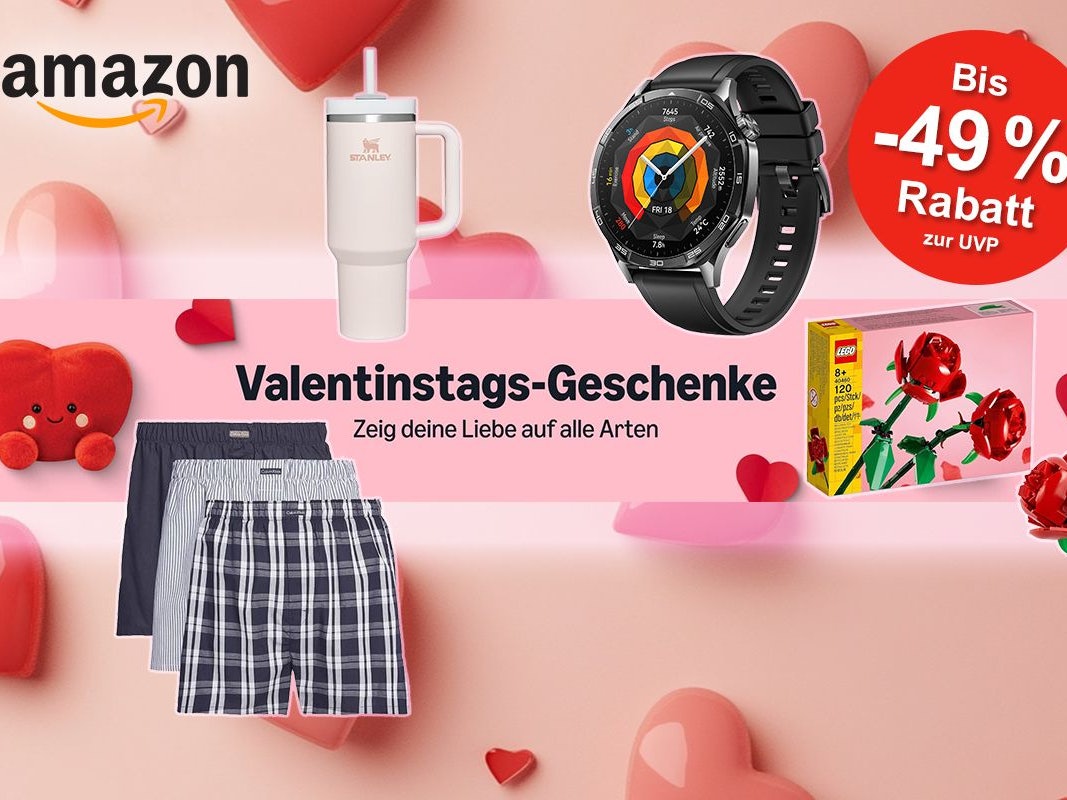 Darstellung verschiedener Valentinstags-Geschenkideen für Sie und Ihn bei Amazon auf Herzhintergrund