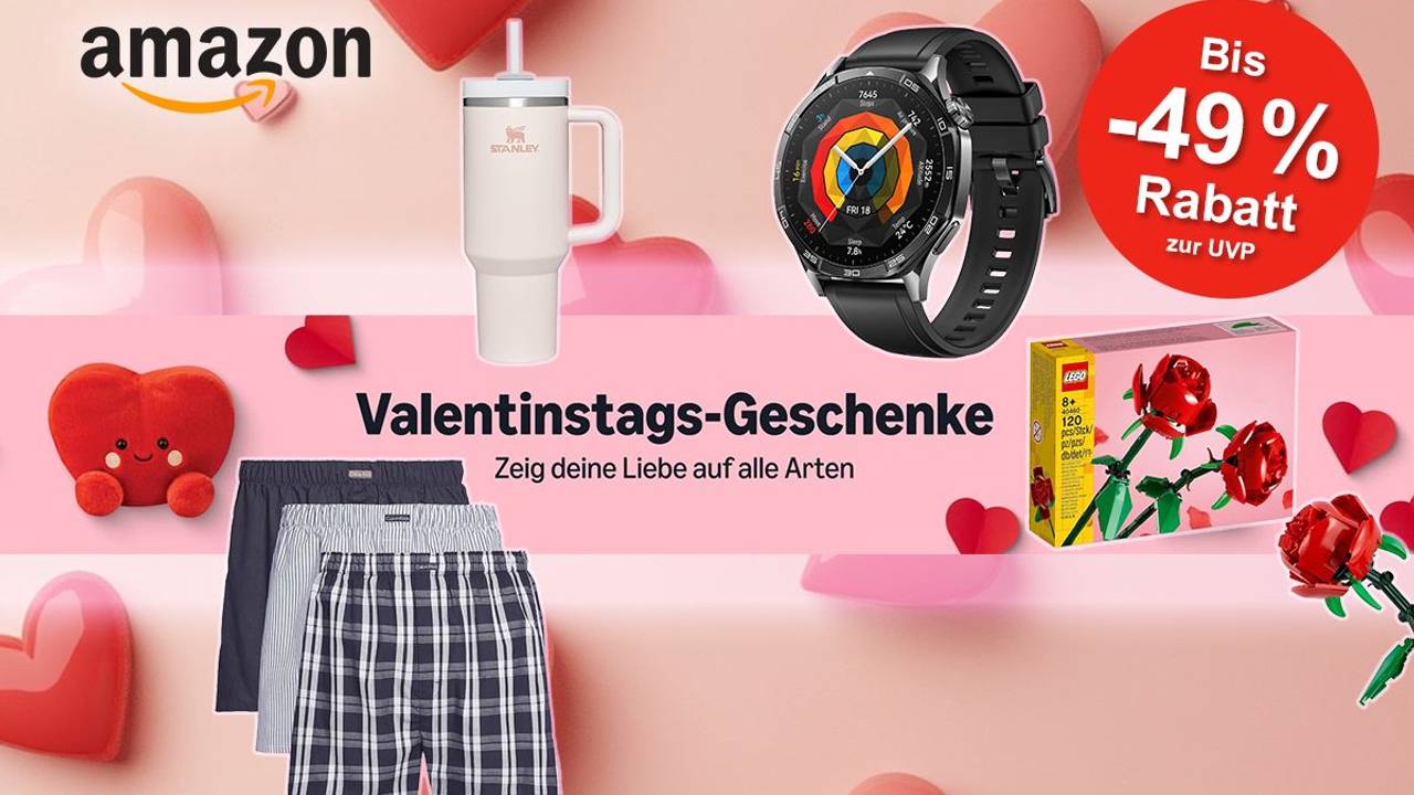 Darstellung verschiedener Valentinstags-Geschenkideen für Sie und Ihn bei Amazon auf Herzhintergrund