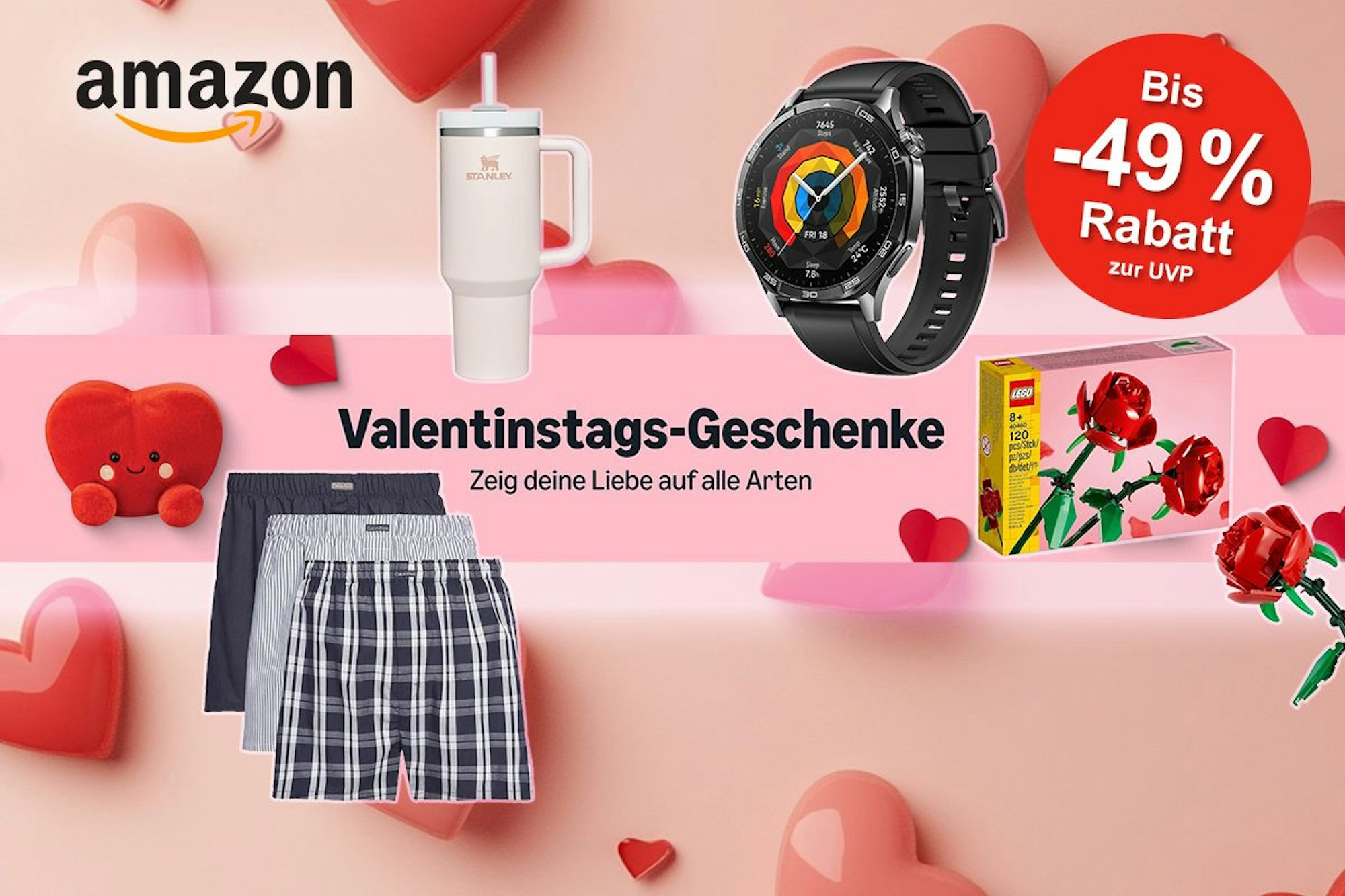 Darstellung verschiedener Valentinstags-Geschenkideen für Sie und Ihn bei Amazon auf Herzhintergrund
