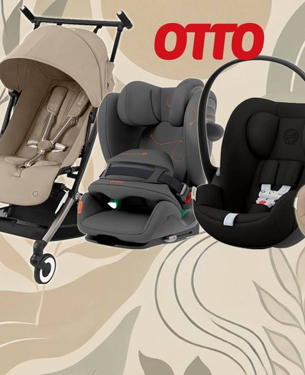 Das Bild zeigt Produkte der Marke Cybex wie eine Babyschale und einen Kinderwagen vor einem Hintergrund mit einem Muster in beige-oliven Tönen.