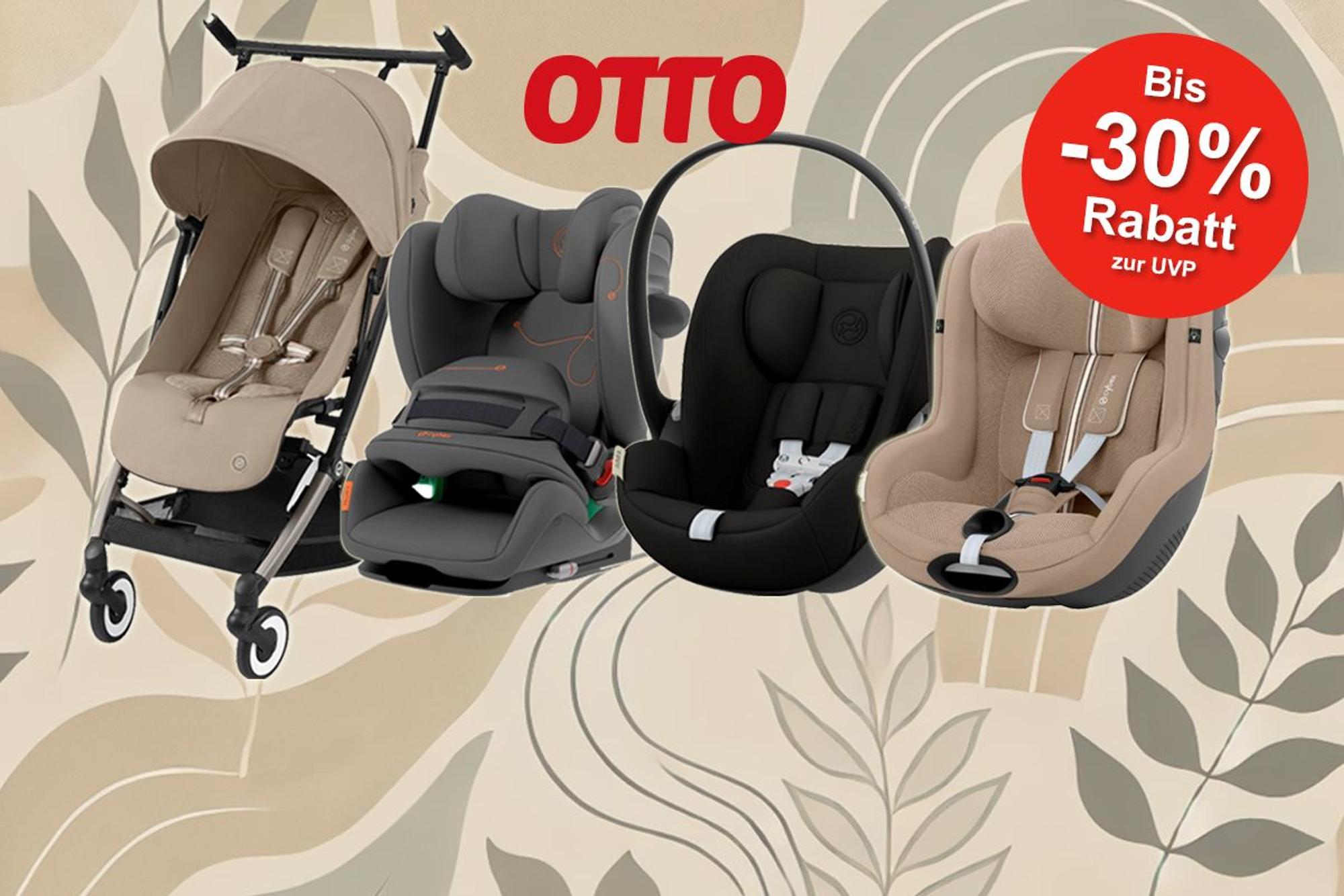 Das Bild zeigt Produkte der Marke Cybex wie eine Babyschale und einen Kinderwagen vor einem Hintergrund mit einem Muster in beige-oliven Tönen.