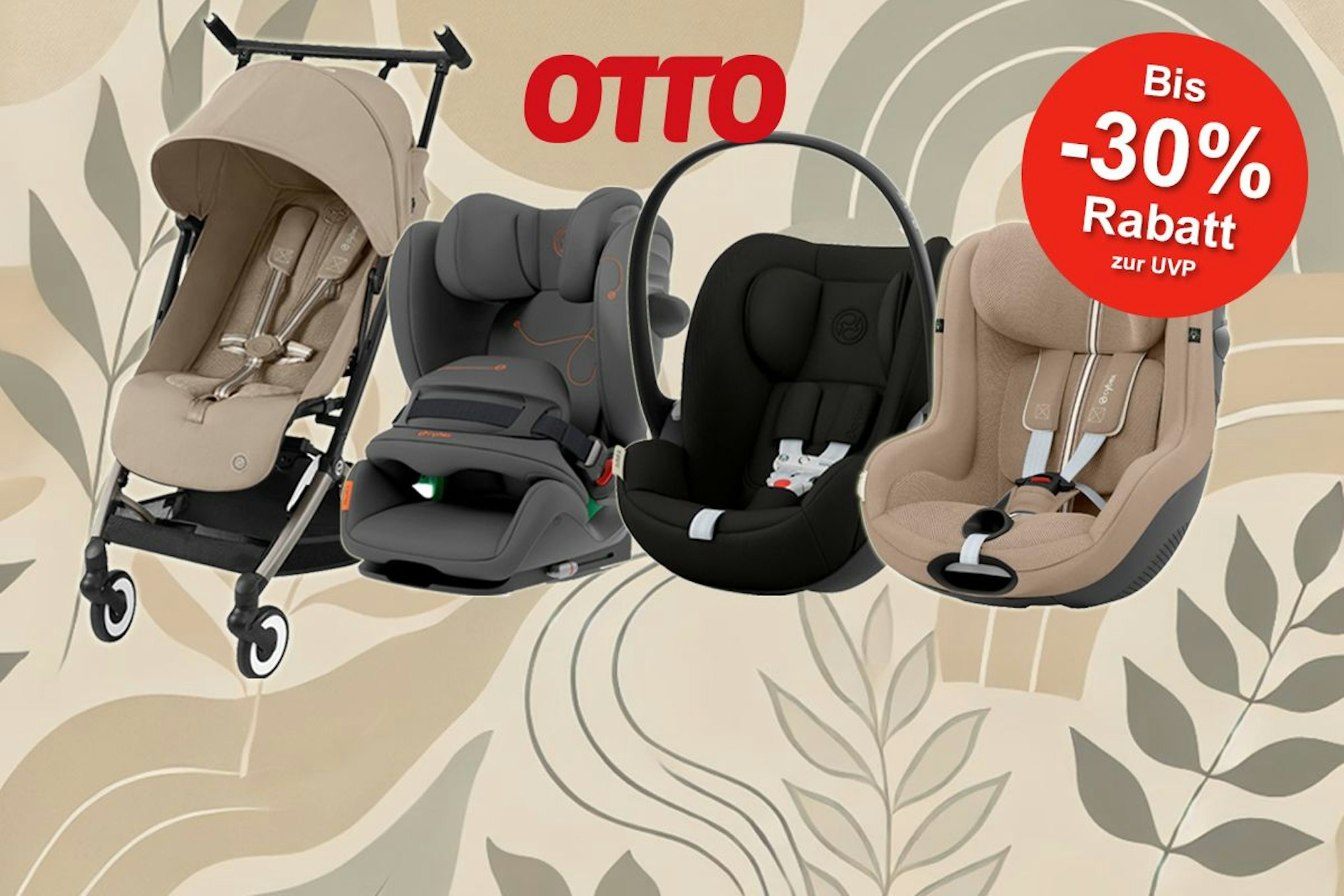Das Bild zeigt Produkte der Marke Cybex wie eine Babyschale und einen Kinderwagen vor einem Hintergrund mit einem Muster in beige-oliven Tönen.