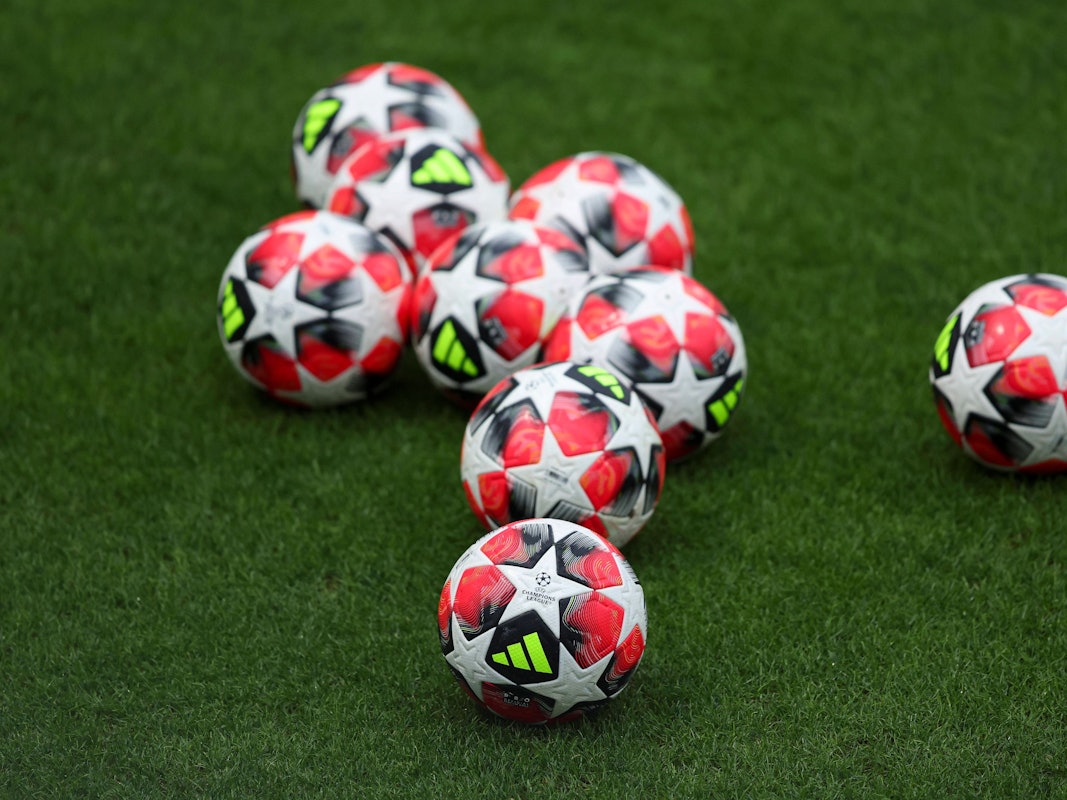 Champions-League-Bälle liegen auf dem Rasen.