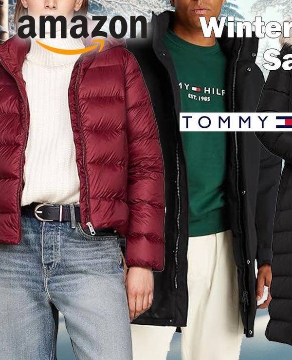 Tommy Hilfiger Winterjacken getragen von Models vor einem Winterwald Hintergrund zum Amazon Winterschlussverkauf..