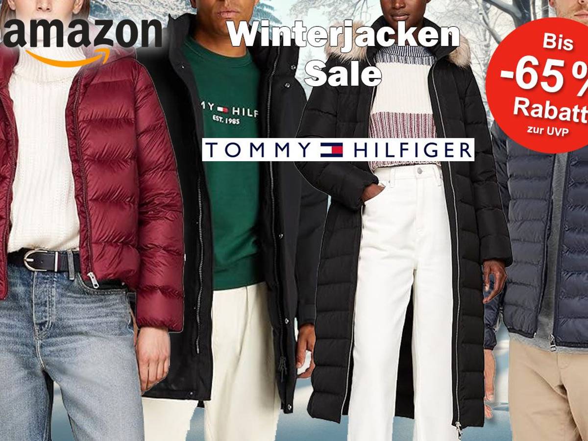Tommy Hilfiger Winterjacken getragen von Models vor einem Winterwald Hintergrund zum Amazon Winterschlussverkauf..