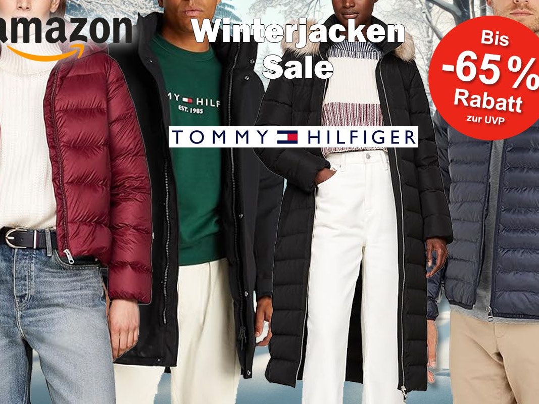 Tommy Hilfiger Winterjacken getragen von Models vor einem Winterwald Hintergrund zum Amazon Winterschlussverkauf..