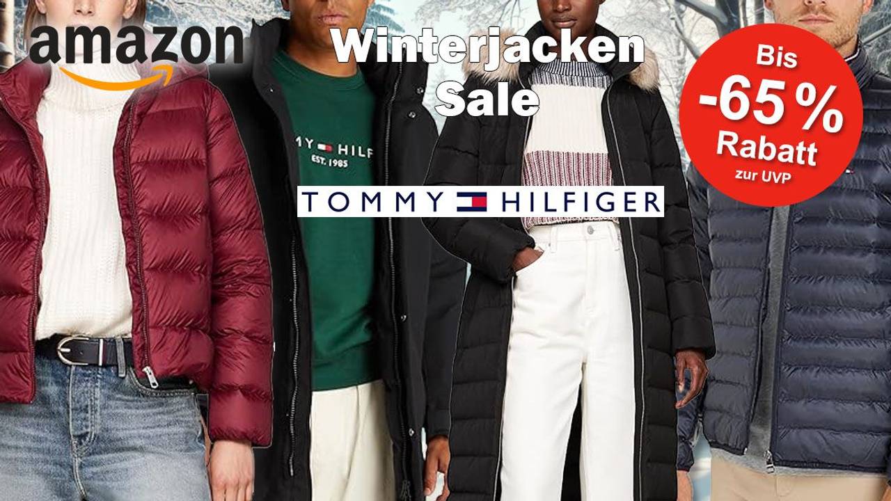 Tommy Hilfiger Winterjacken getragen von Models vor einem Winterwald Hintergrund zum Amazon Winterschlussverkauf..