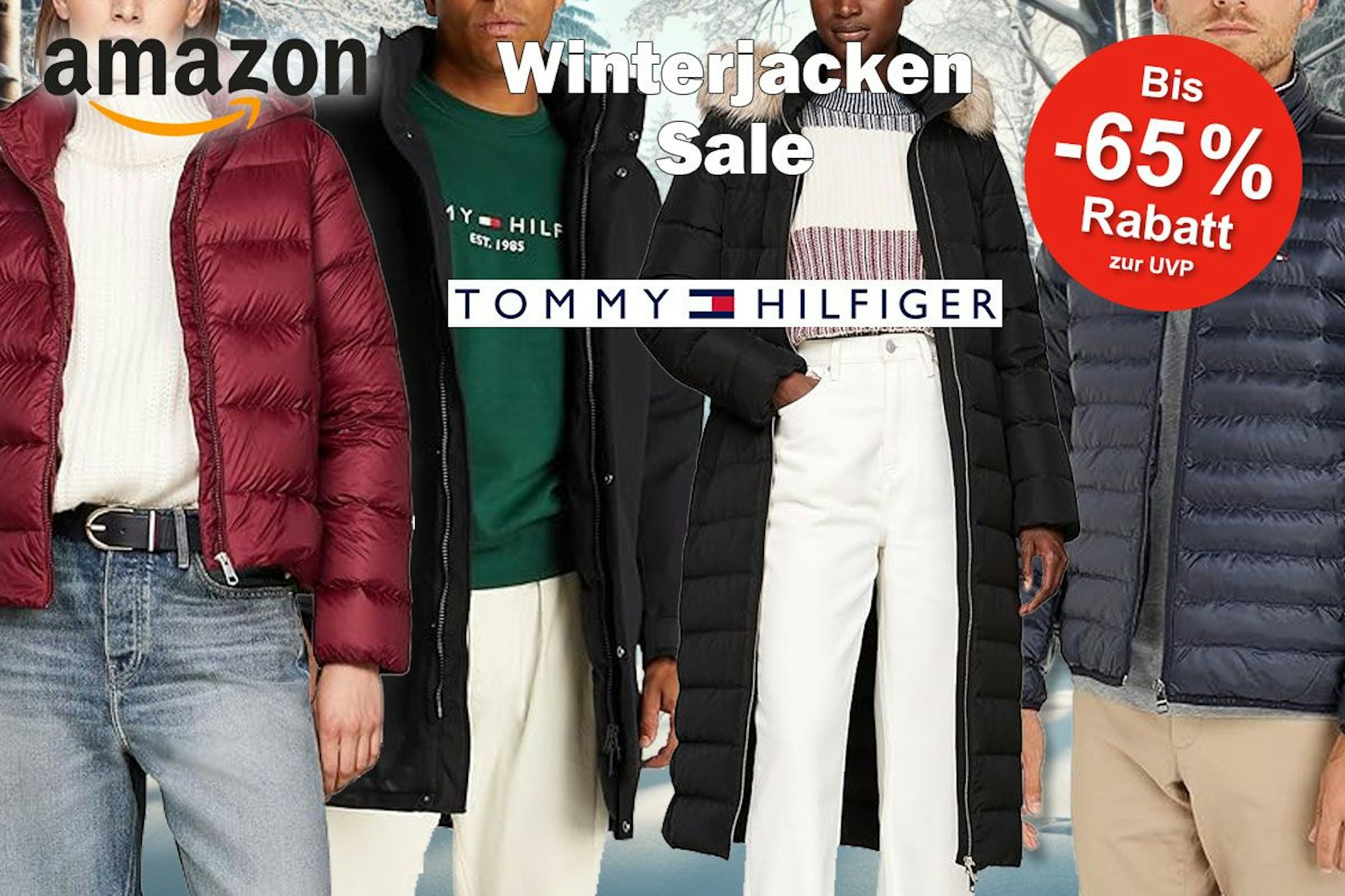 Tommy Hilfiger Winterjacken getragen von Models vor einem Winterwald Hintergrund zum Amazon Winterschlussverkauf..