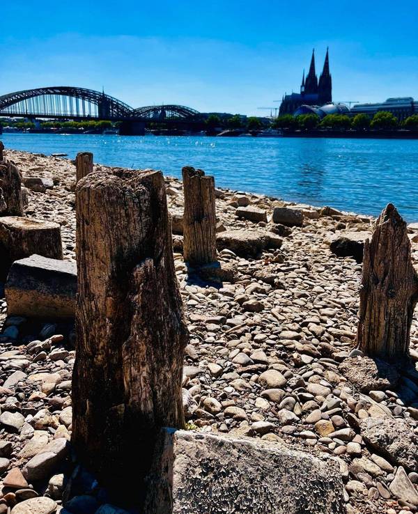 Am Ufer kommen die hölzernen Überreste der ehemaligen Patton-Brücke zum Vorschein. Aber nur bei Niedrigwasser.