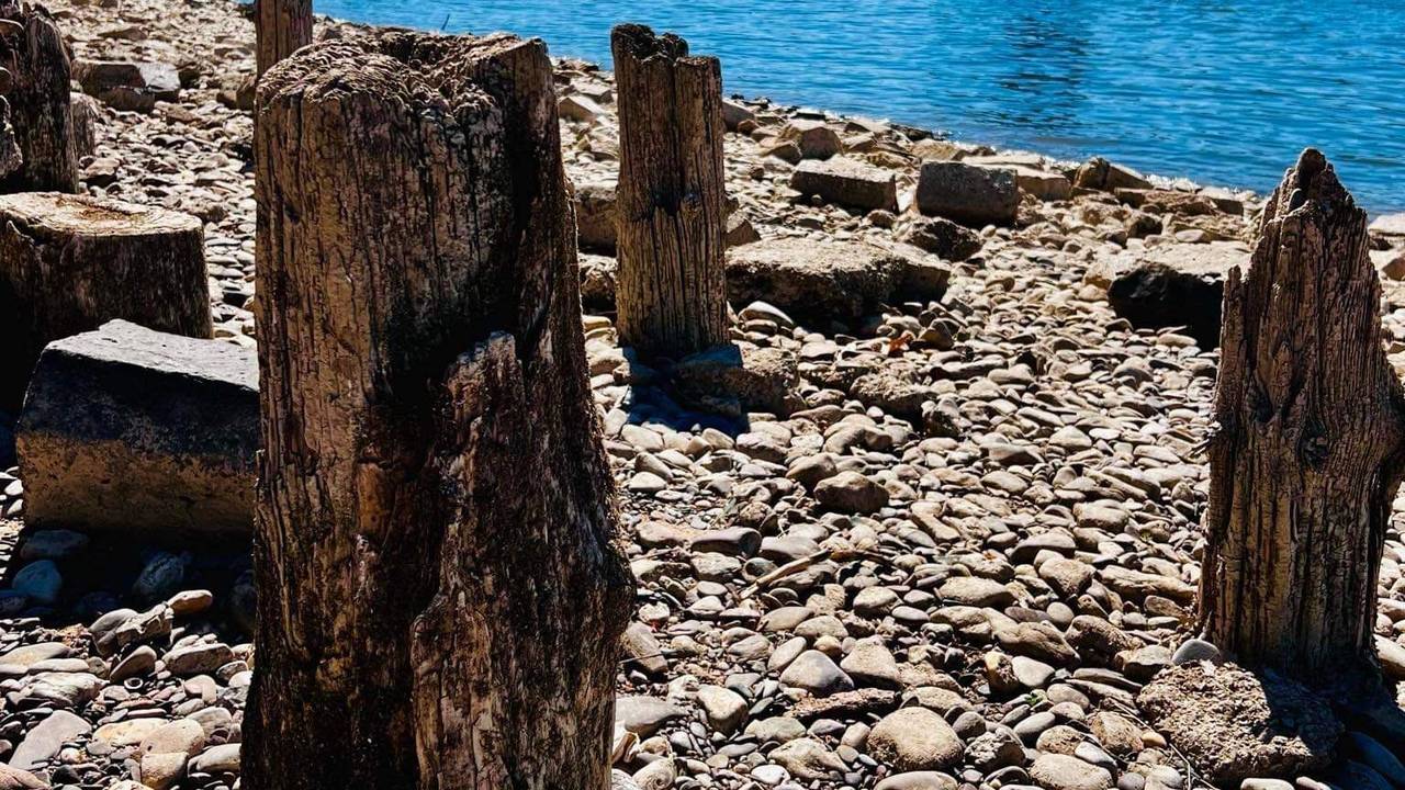 Am Ufer kommen die hölzernen Überreste der ehemaligen Patton-Brücke zum Vorschein. Aber nur bei Niedrigwasser.