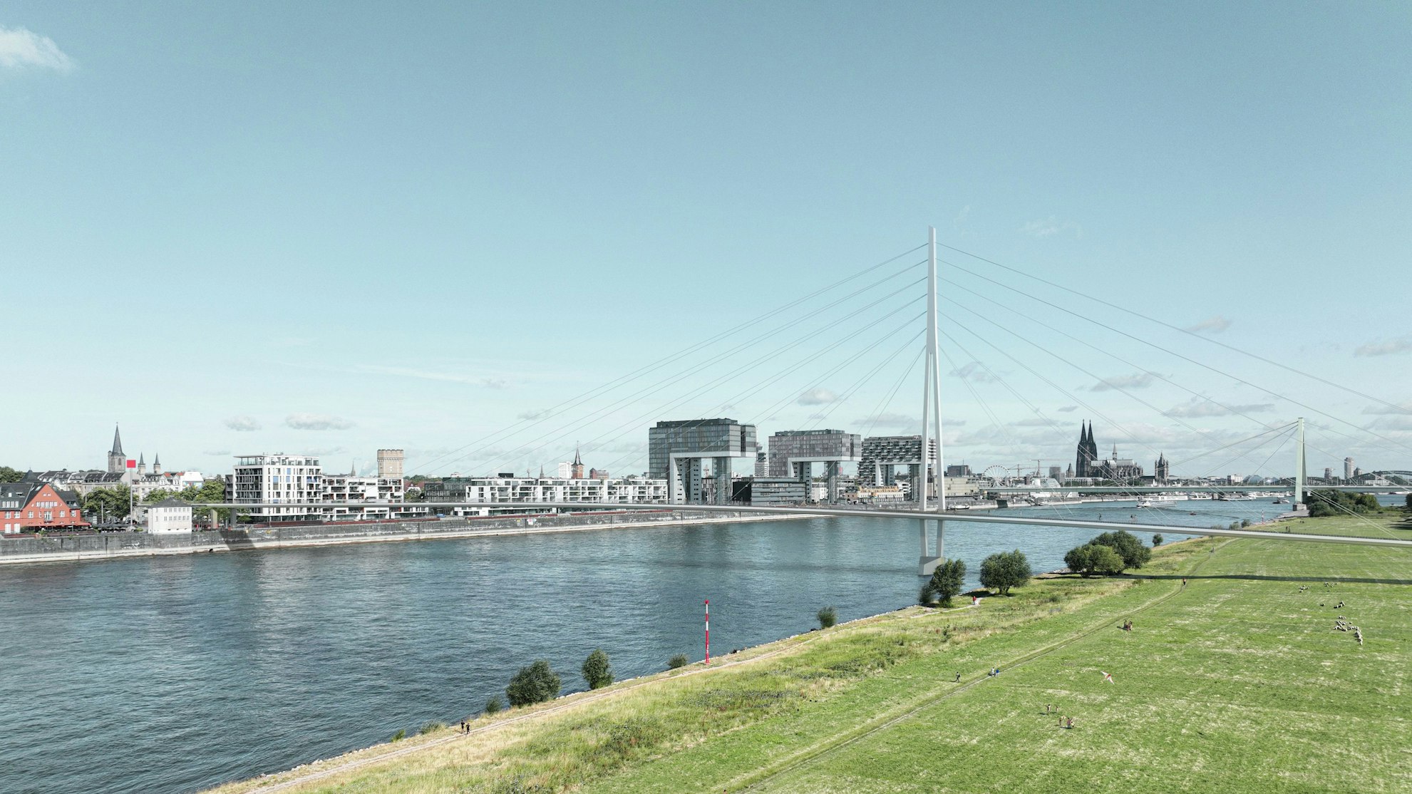 Die Fußgängerbrücke im Süden ähnelt der Severinsbrücke (dahinter).