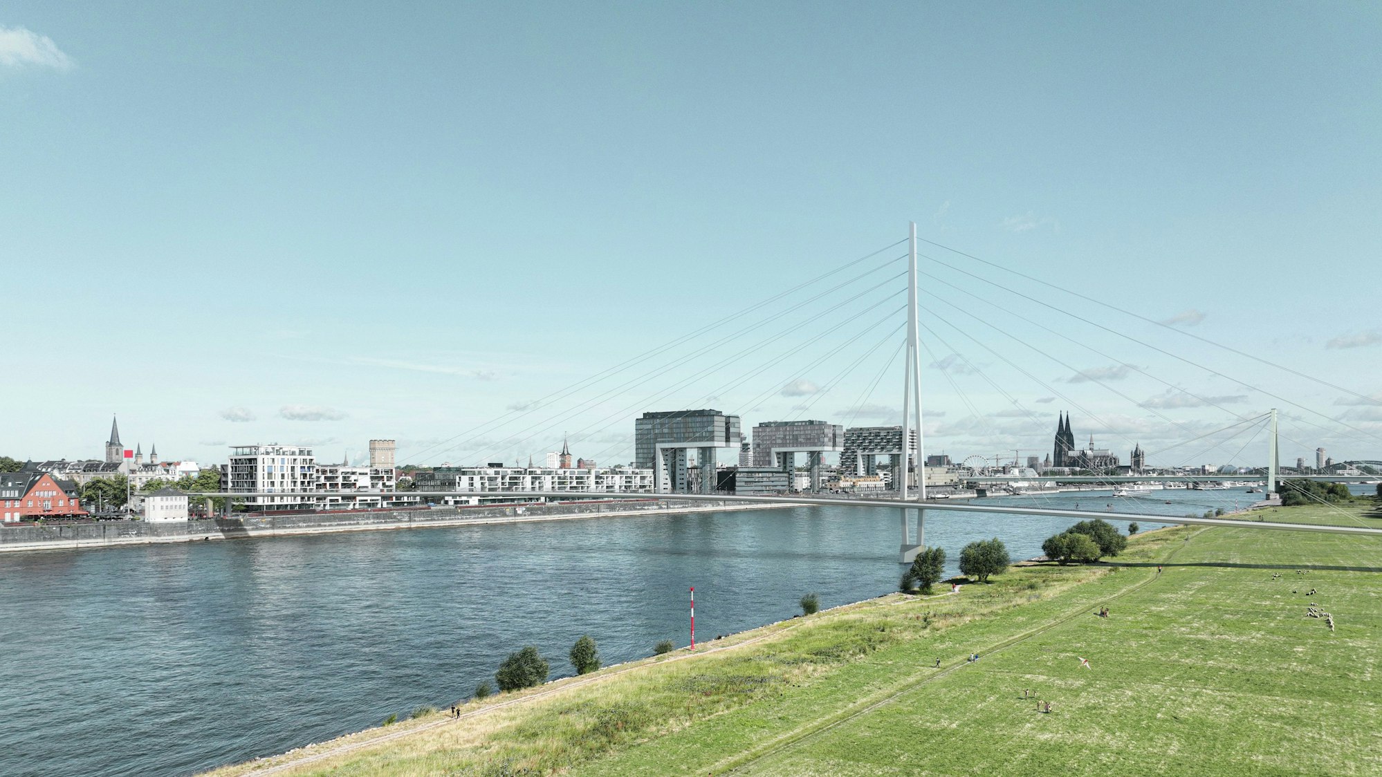 Die Fußgängerbrücke im Süden ähnelt der Severinsbrücke (dahinter).