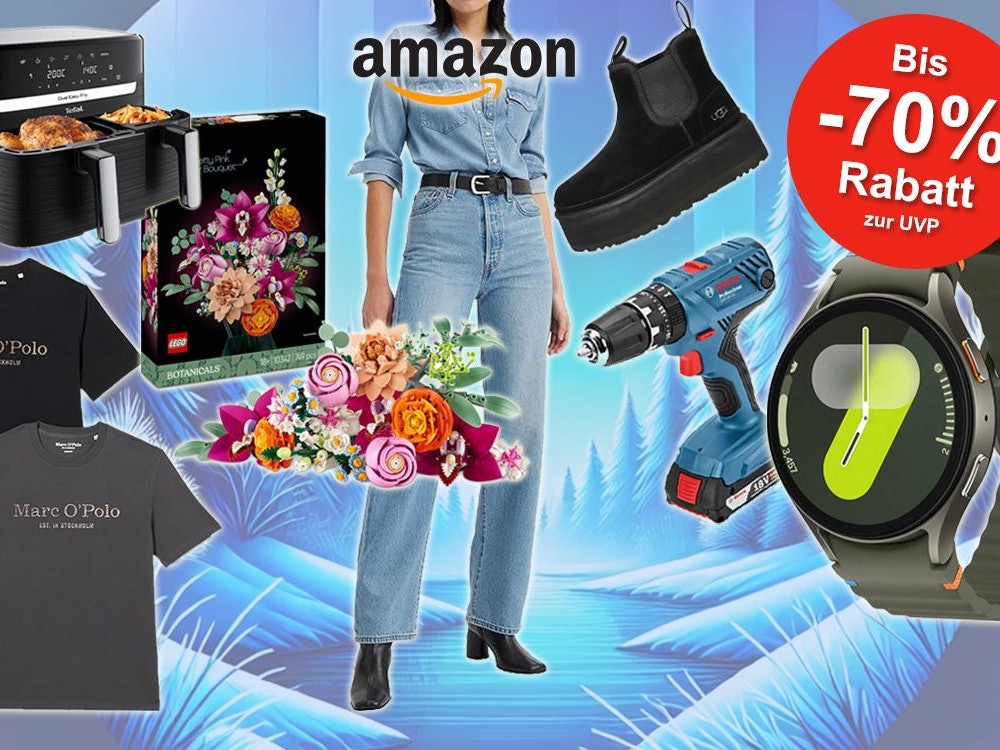 Auf dem Bild sind verschiedene Produkte wie ein Tefal Airfryer, Lego Blumen, UGGs, ein Bosch Akkuschrauber, eine Samsung Smartwatch und mehr vor einem winterlichen Hintergrund platziert.