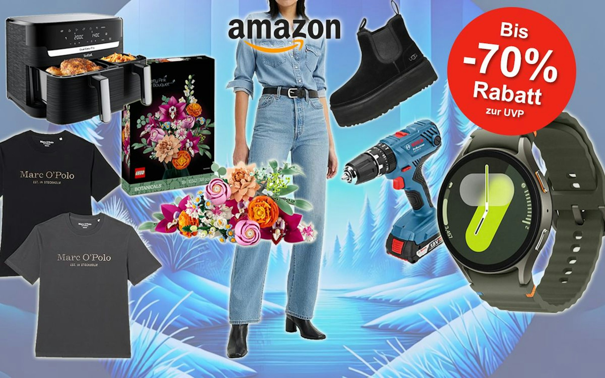 Auf dem Bild sind verschiedene Produkte wie ein Tefal Airfryer, Lego Blumen, UGGs, ein Bosch Akkuschrauber, eine Samsung Smartwatch und mehr vor einem winterlichen Hintergrund platziert.