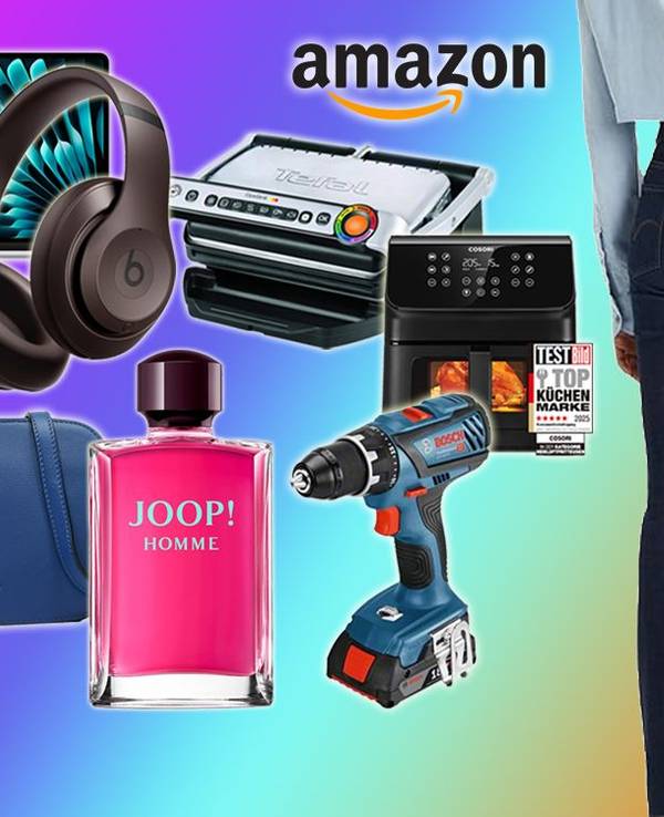 Anordnung verschiedener Produkte wie Kopfhörer, Liebeskind Tasche, Tefal Optigrill, UGG Boots, Levi's Jeans und mehr vor einem Hintergrund mit Farbverlauf