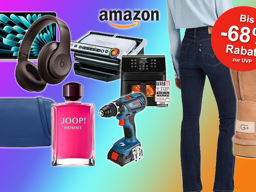 Anordnung verschiedener Produkte wie Kopfhörer, Liebeskind Tasche, Tefal Optigrill, UGG Boots, Levi's Jeans und mehr vor einem Hintergrund mit Farbverlauf