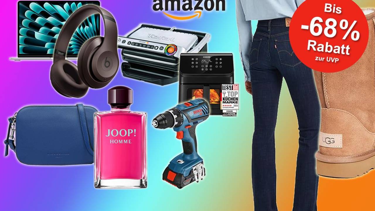 Anordnung verschiedener Produkte wie Kopfhörer, Liebeskind Tasche, Tefal Optigrill, UGG Boots, Levi's Jeans und mehr vor einem Hintergrund mit Farbverlauf