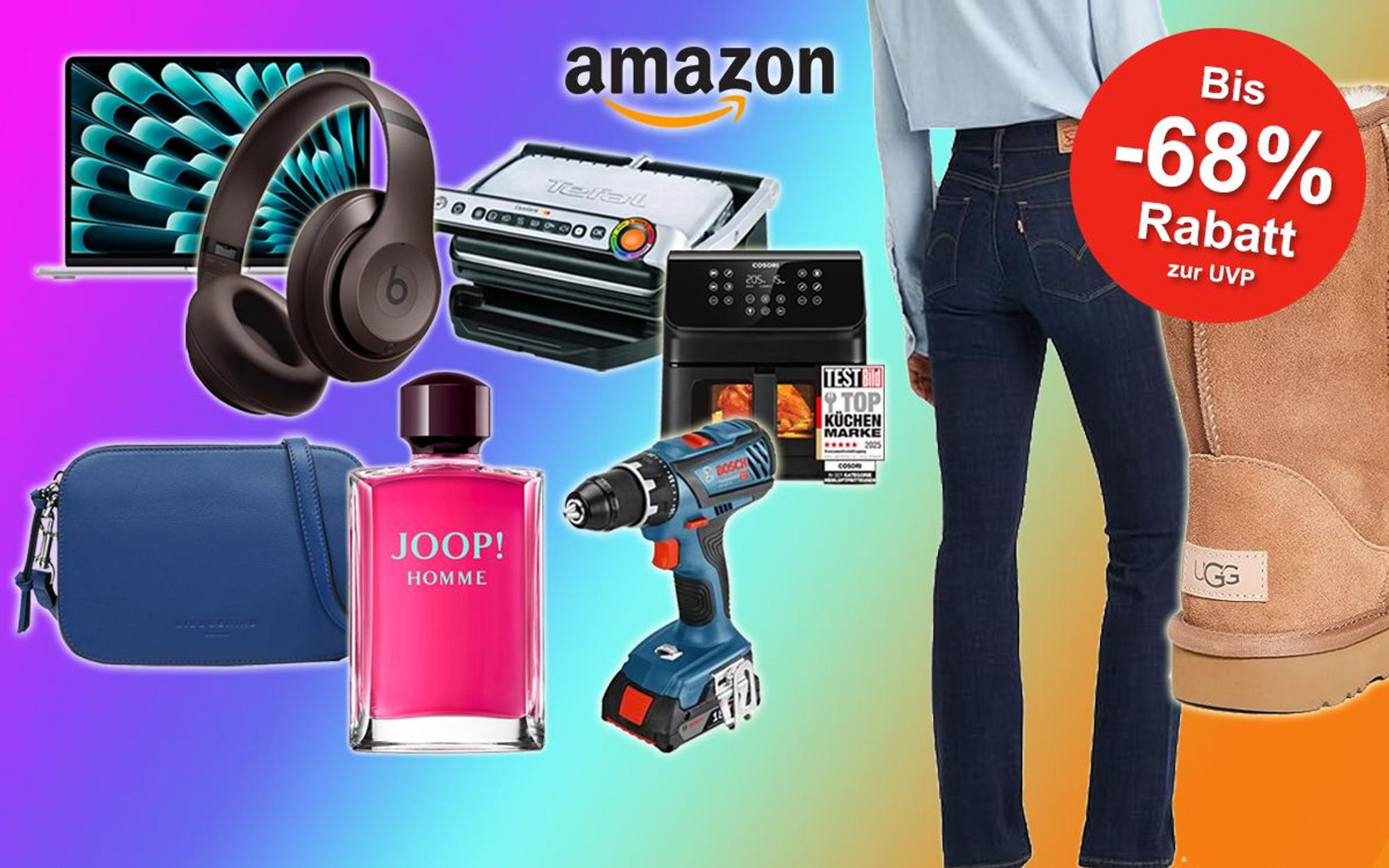 Anordnung verschiedener Produkte wie Kopfhörer, Liebeskind Tasche, Tefal Optigrill, UGG Boots, Levi's Jeans und mehr vor einem Hintergrund mit Farbverlauf