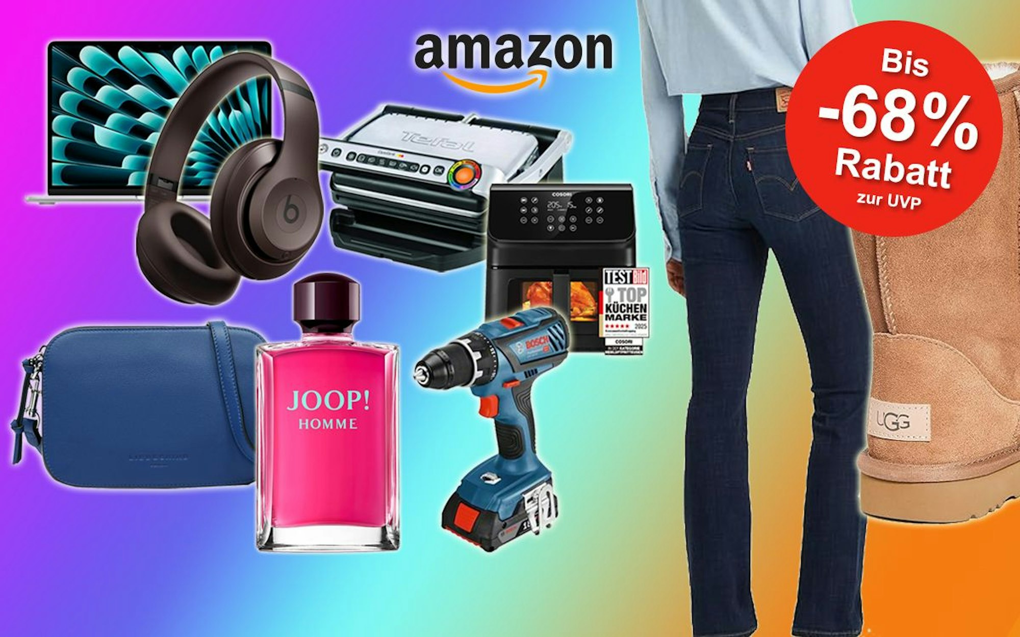 Anordnung verschiedener Produkte wie Kopfhörer, Liebeskind Tasche, Tefal Optigrill, UGG Boots, Levi's Jeans und mehr vor einem Hintergrund mit Farbverlauf