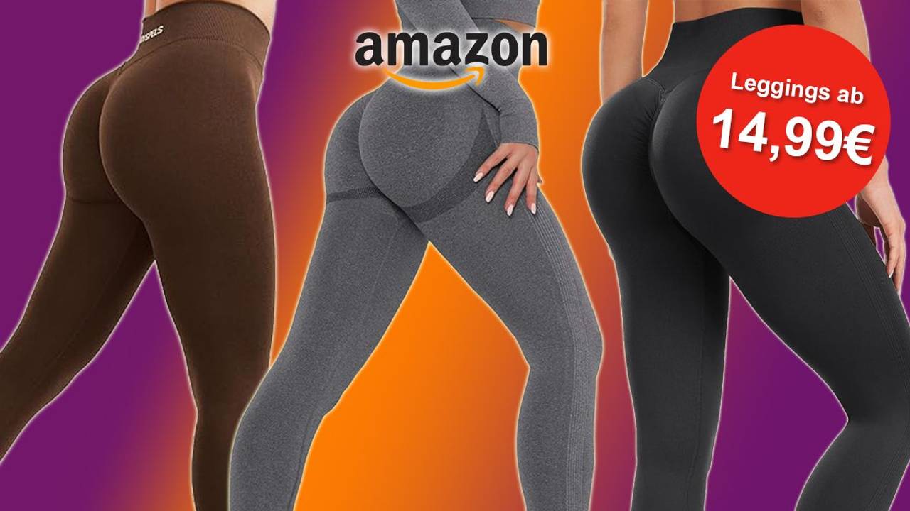 Auf dem Bild sind Sport Leggings angeordnet, die es bei Amazon gibt.