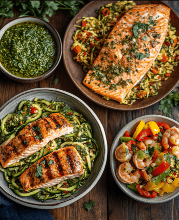 Eine Auswahl an Low-Carb-Gerichten, darunter Lachs auf Blumenkohlreis, gegrillte Zucchininudeln (Zoodles) mit Pesto und Hähnchen sowie ein bunter Garnelensalat mit frischem Gemüse.