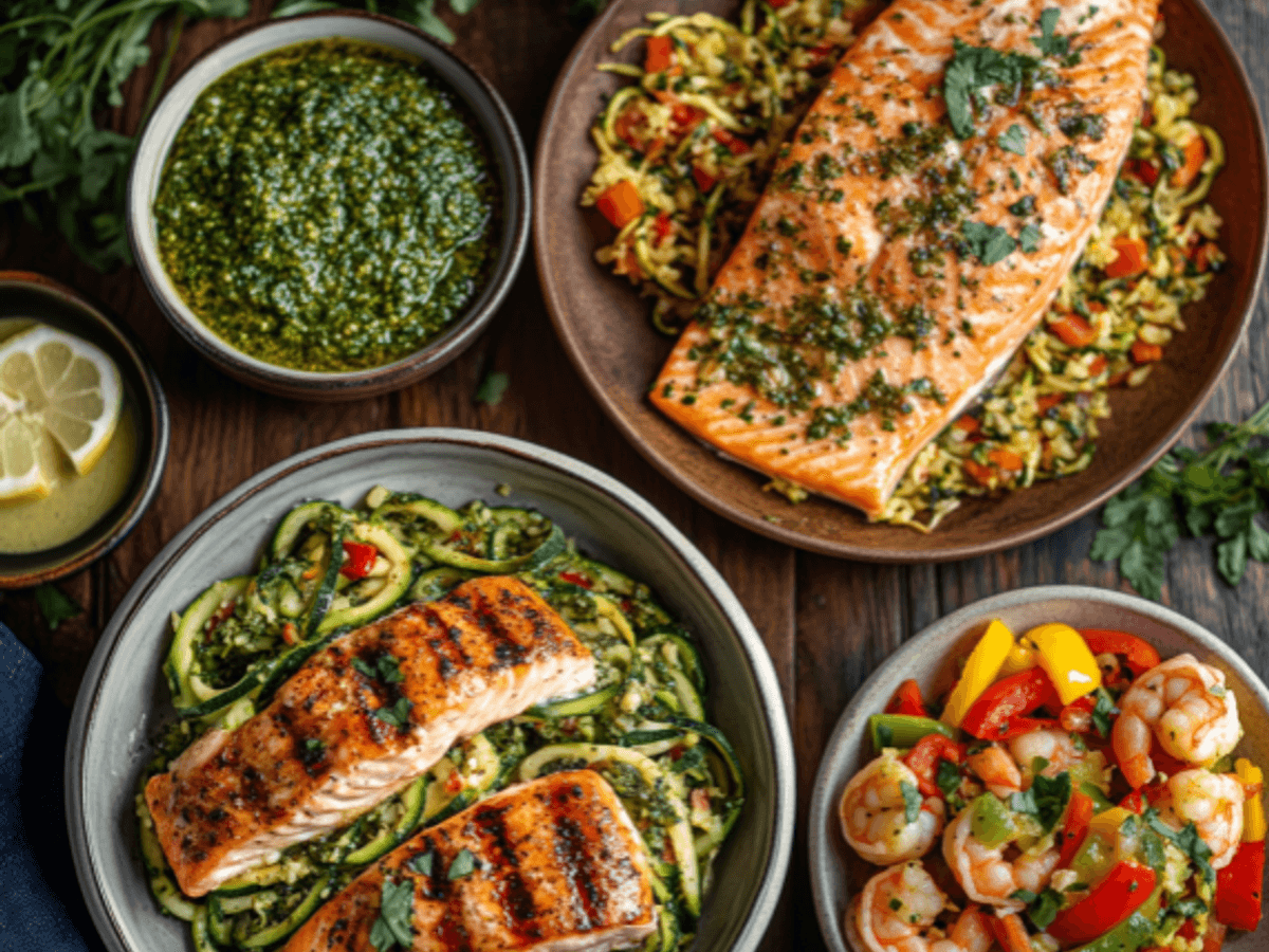 Eine Auswahl an Low-Carb-Gerichten, darunter Lachs auf Blumenkohlreis, gegrillte Zucchininudeln (Zoodles) mit Pesto und Hähnchen sowie ein bunter Garnelensalat mit frischem Gemüse.