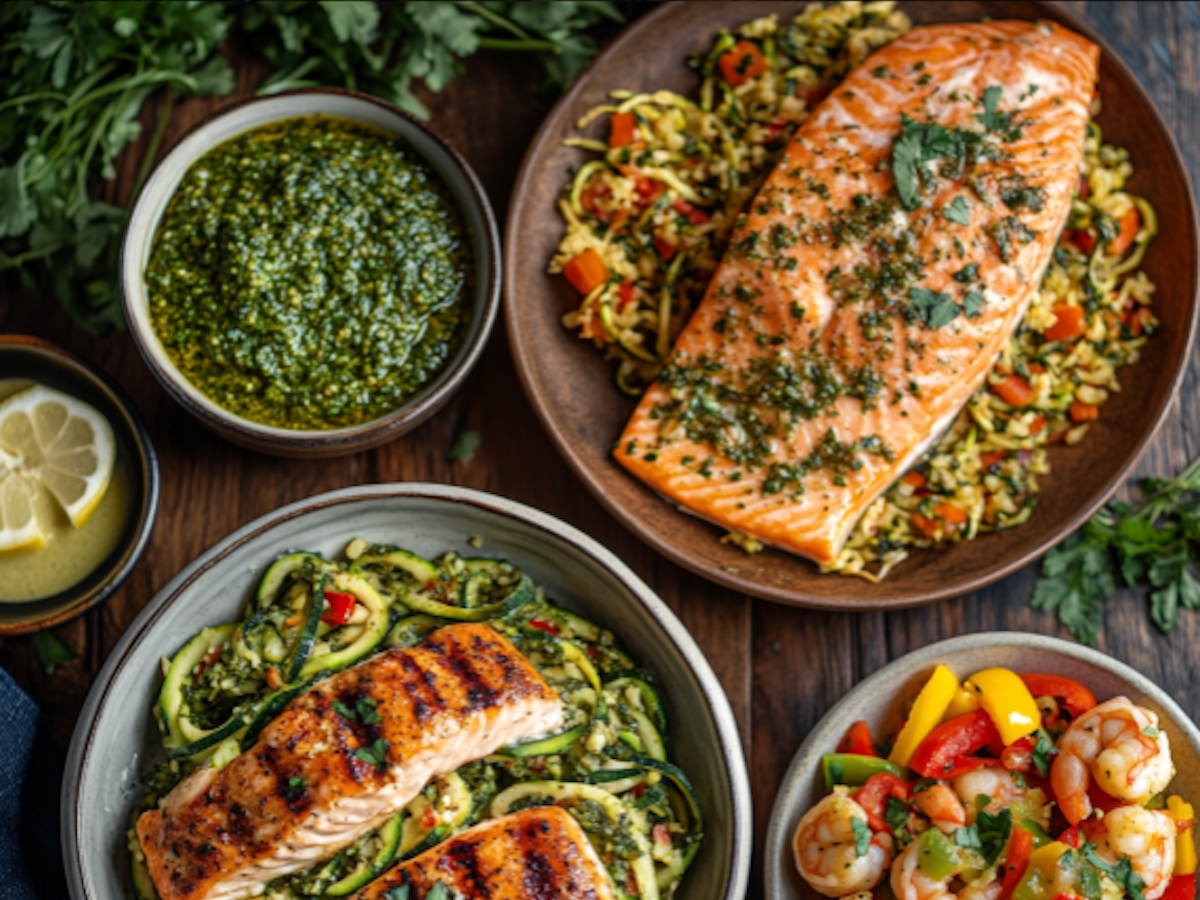 Eine Auswahl an Low-Carb-Gerichten, darunter Lachs auf Blumenkohlreis, gegrillte Zucchininudeln (Zoodles) mit Pesto und Hähnchen sowie ein bunter Garnelensalat mit frischem Gemüse.
