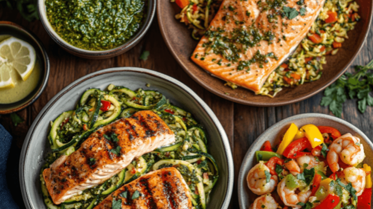 Eine Auswahl an Low-Carb-Gerichten, darunter Lachs auf Blumenkohlreis, gegrillte Zucchininudeln (Zoodles) mit Pesto und Hähnchen sowie ein bunter Garnelensalat mit frischem Gemüse.