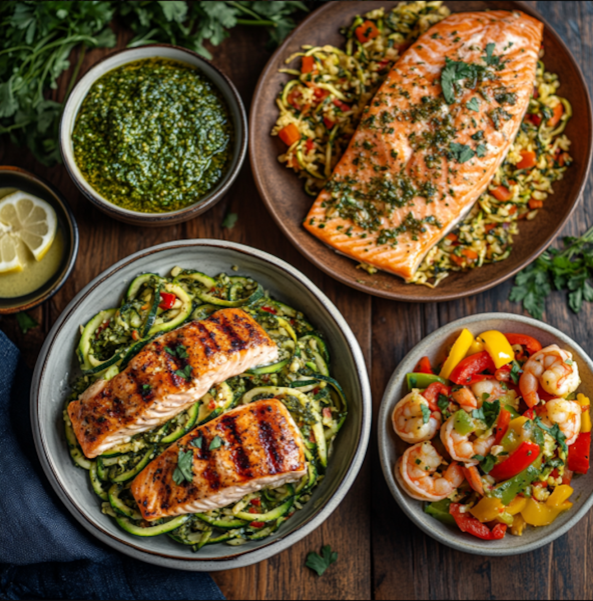 Eine Auswahl an Low-Carb-Gerichten, darunter Lachs auf Blumenkohlreis, gegrillte Zucchininudeln (Zoodles) mit Pesto und Hähnchen sowie ein bunter Garnelensalat mit frischem Gemüse.
