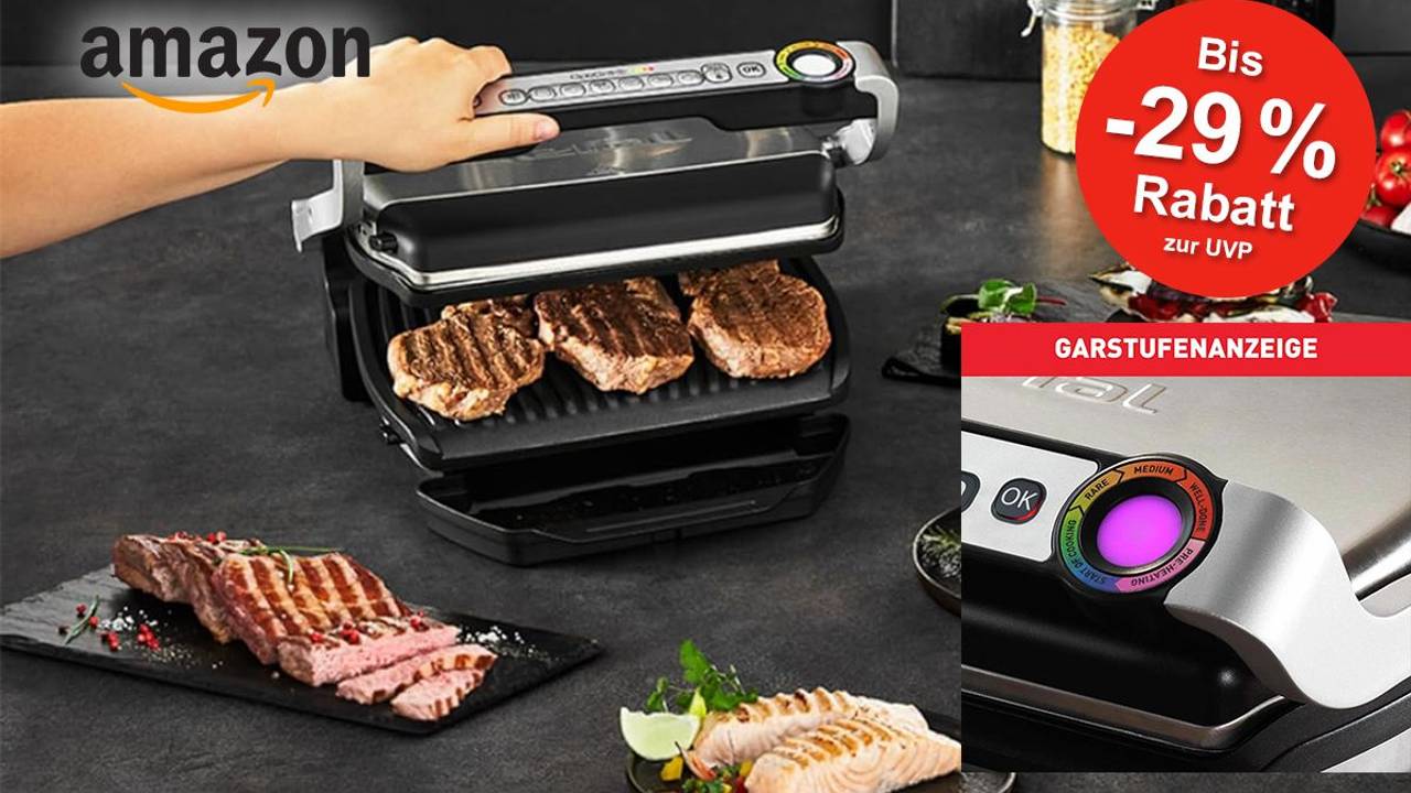 Darstellung des Tefal OptiGrill in Benutzung und Detailansicht der Garstufen.