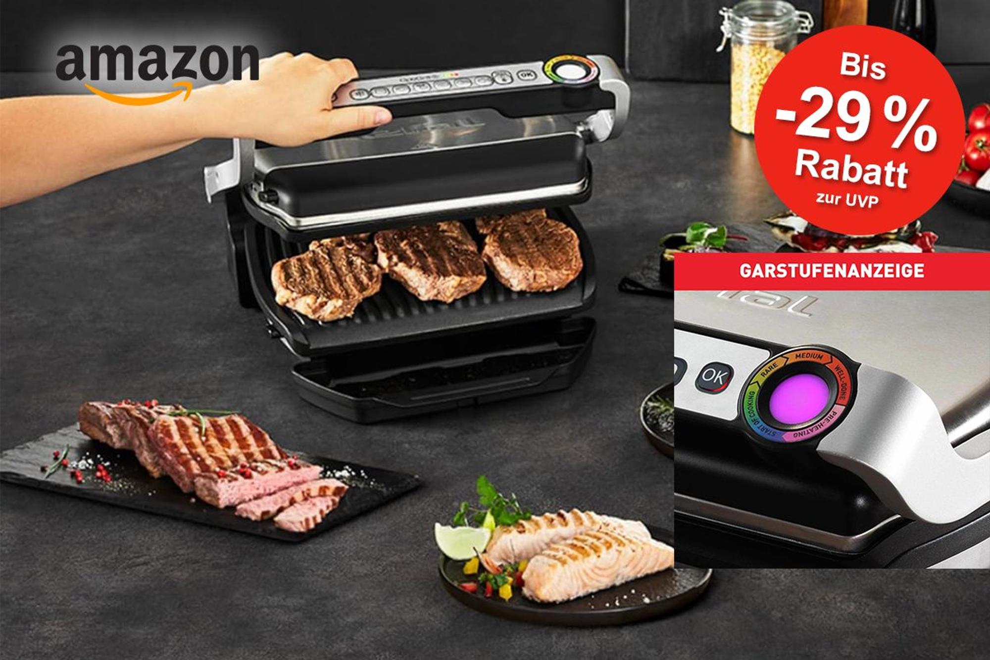 Darstellung des Tefal OptiGrill in Benutzung und Detailansicht der Garstufen.