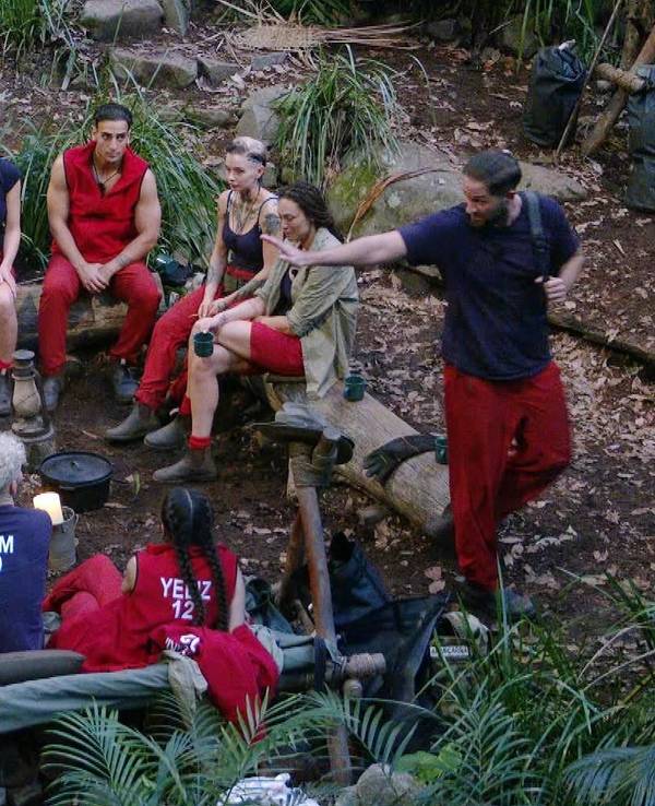 Die zwölf Promis versammeln sich um das Dschungelcamp-Lagerfeuer.