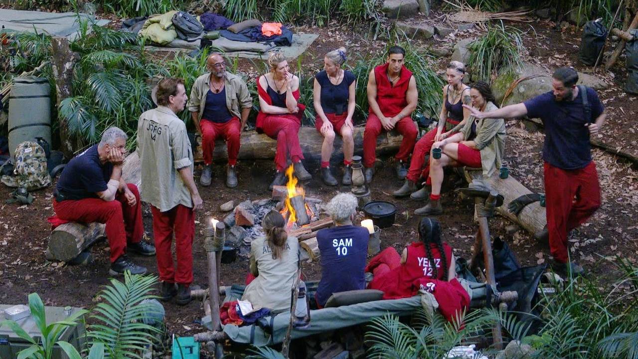 Die zwölf Promis versammeln sich um das Dschungelcamp-Lagerfeuer.