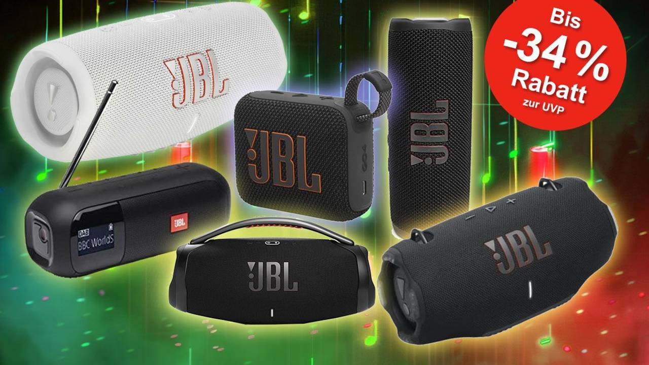 JBL Bluetooth Lautsprecher Speaker vor einem rot grünen Farbverlauf und verschiedenfarbigen Musiknoten im Hintergrund.