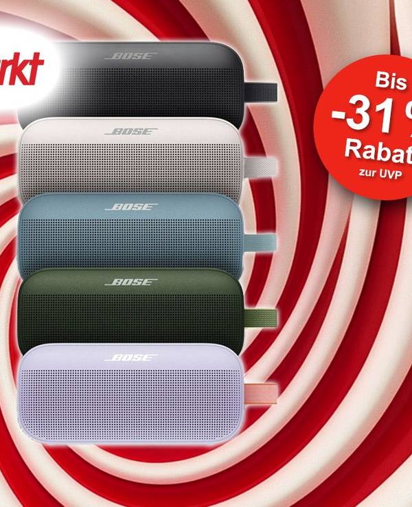 Darstellung verschiedener Bose SoundLink Flex Lautsprecher in unterschiedlichen Farben auf weiß/rotem Hintergrund