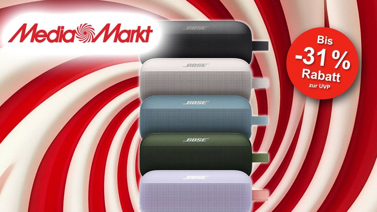Darstellung verschiedener Bose SoundLink Flex Lautsprecher in unterschiedlichen Farben auf weiß/rotem Hintergrund