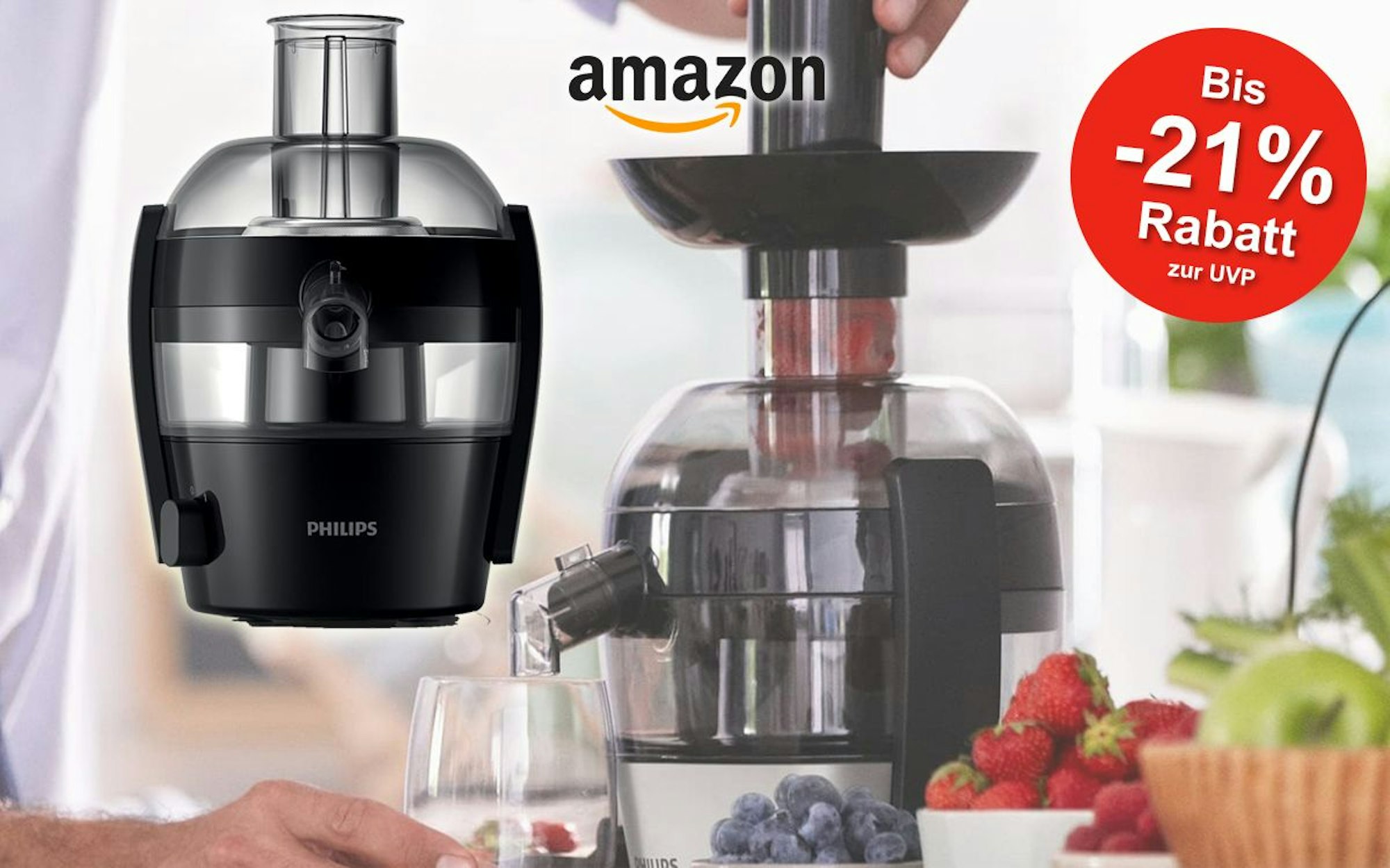 Bild von einem Entsafter der Marke Philips. Im Hintergrund ist der Entsafter beim Gebrauch zu sehen.