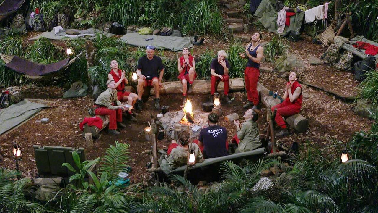 Alle zwölf Dschungelcamp-Teilnehmenden sitzen am Lagerfeuer.