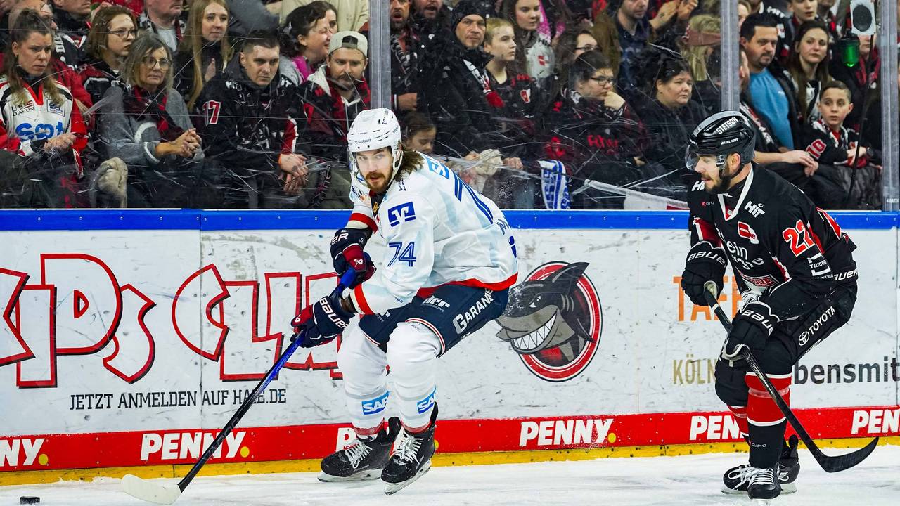 Mannheims Ryan MacInnis (l.) mit dem Puck in Aktion.