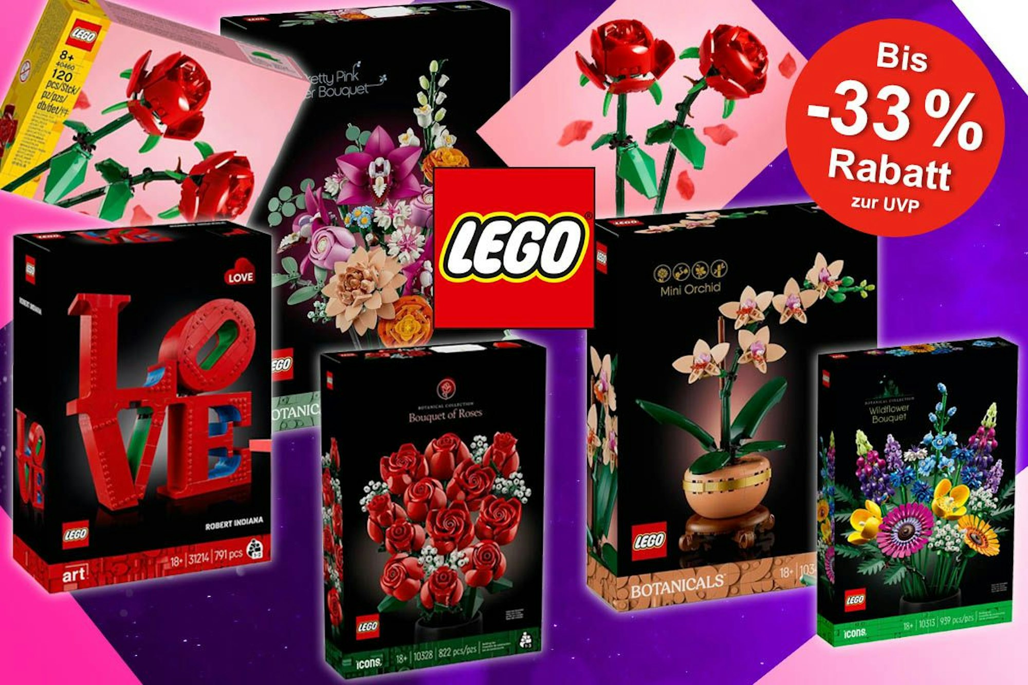 Lego Schöner Rosafarbener Blumenstrauß, Lego Rosenstrauß und Rosen, Lego Botanicals Mini-Orchidee, Lego Wildblumenstrauß, Lego Art Love von Robert Indiana vor lila und rosa Hintergrund.