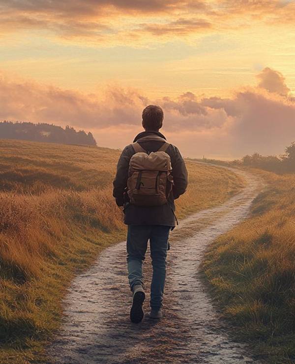 Ein Mann geht über einen langen Weg. Der Weg schlängelt sich durch die Natur. Die Sonne geht unter.