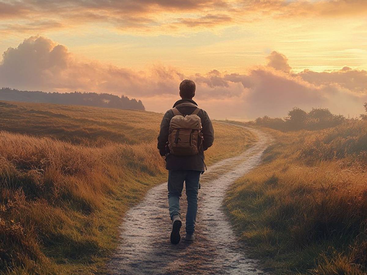Ein Mann geht über einen langen Weg. Der Weg schlängelt sich durch die Natur. Die Sonne geht unter.
