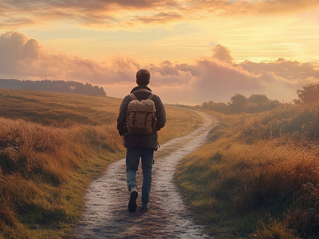 Ein Mann geht über einen langen Weg. Der Weg schlängelt sich durch die Natur. Die Sonne geht unter.