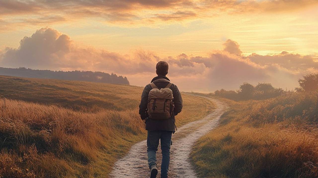 Ein Mann geht über einen langen Weg. Der Weg schlängelt sich durch die Natur. Die Sonne geht unter.