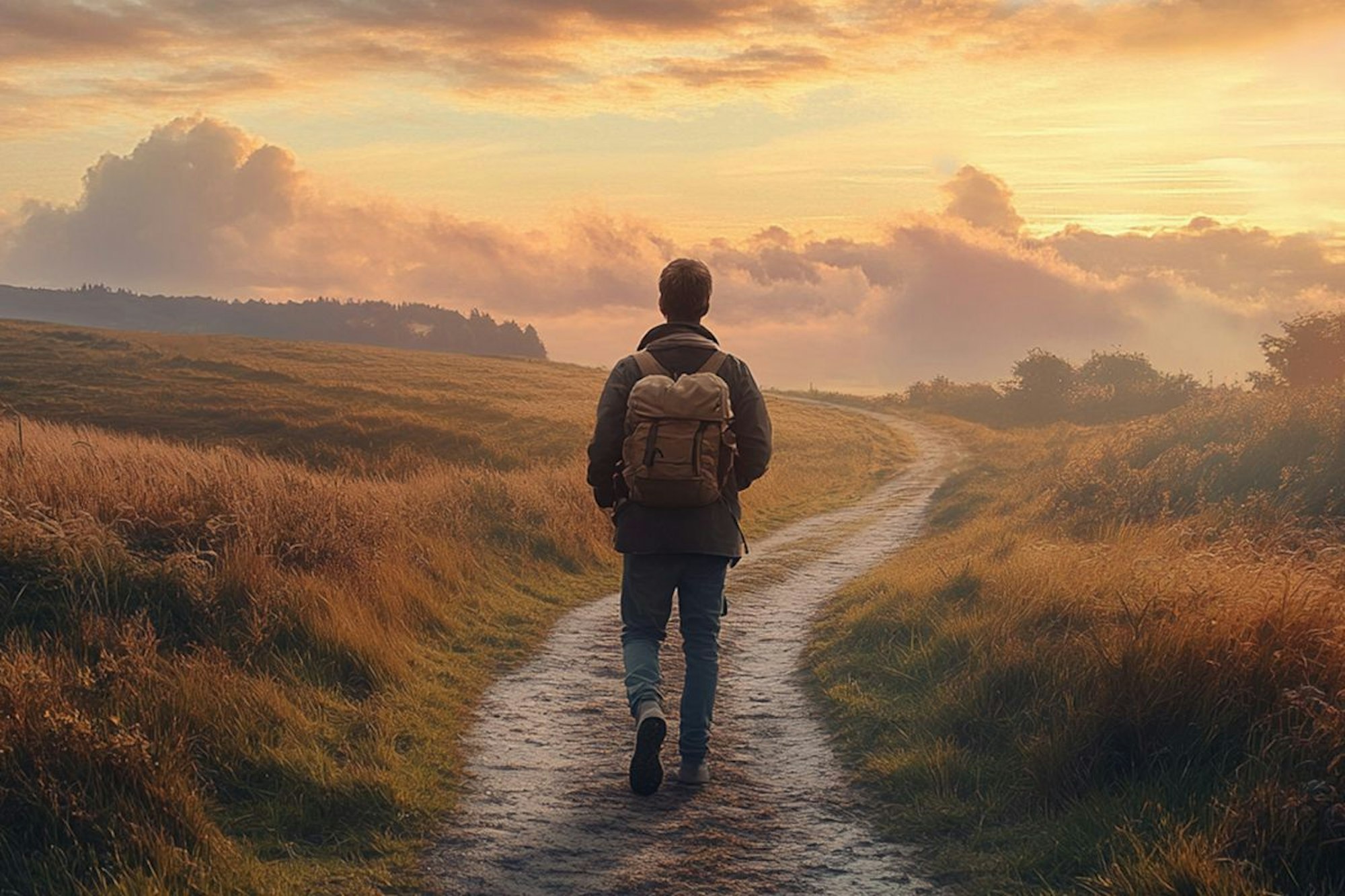 Ein Mann geht über einen langen Weg. Der Weg schlängelt sich durch die Natur. Die Sonne geht unter.