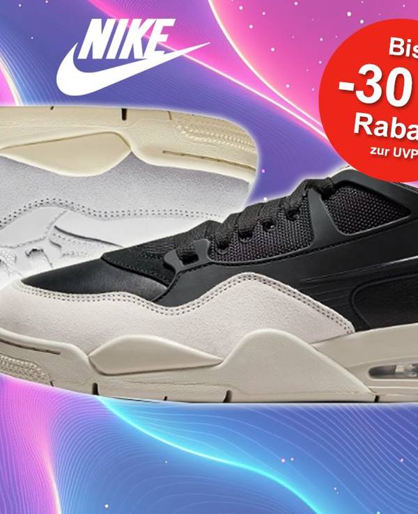 Nike Air Jordan 4 Sneaker in Schwarz und Grau vor einem Neon Hintergrund mit Blau, Lila und Pink