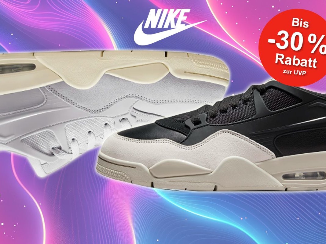 Nike Air Jordan 4 Sneaker in Schwarz und Grau vor einem Neon Hintergrund mit Blau, Lila und Pink