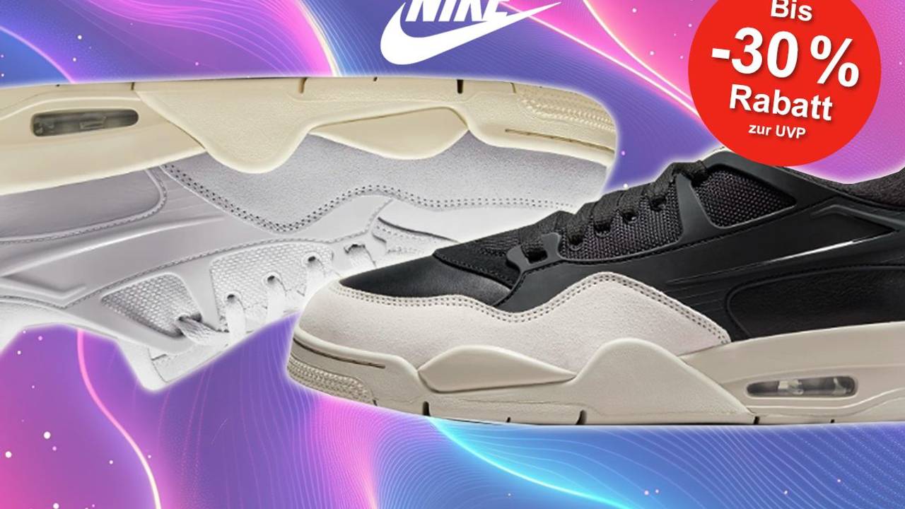 Nike Air Jordan 4 Sneaker in Schwarz und Grau vor einem Neon Hintergrund mit Blau, Lila und Pink